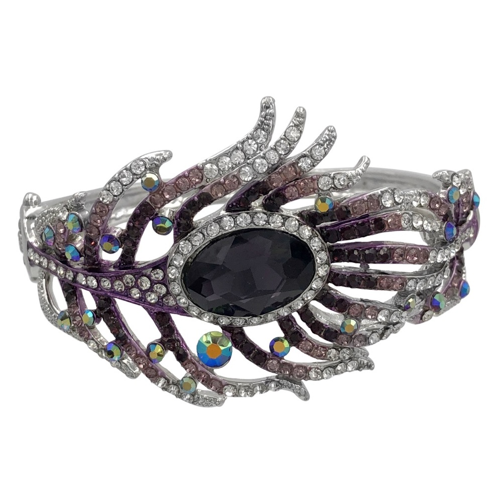 Purple Lavender Peacock Feather Rhinestone Statement Silver Bangle Bracelet